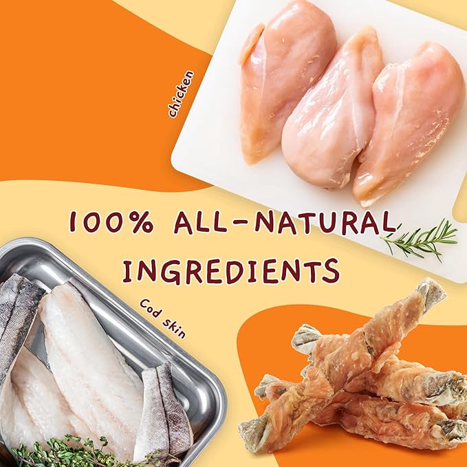 Jungle Calling Dog Treats, High Protein Dog Chewy Treats Health Teeth and Coat, Chicken Wrapped Cod Skin Sticks, Rawhide-Free Cod Fish Skin Snacks for Dogs, 10.6 oz
