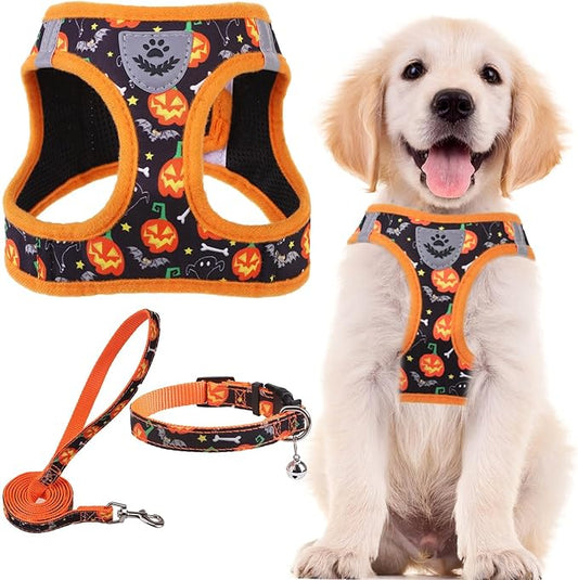 PUPTECK Adjustable Dog Harness Collar and Leash Set Step in No Pull Pet Harness for Small Medium Dogs Puppy and Cats Outdoor Walking Running, Soft Mesh Padded Reflective Vest Harnesses, Halloween, L
