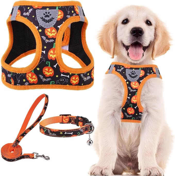 PUPTECK Adjustable Dog Harness Collar and Leash Set Step in No Pull Pet Harness for Small Medium Dogs Puppy and Cats Outdoor Walking Running, Soft Mesh Padded Reflective Vest Harnesses, Halloween, XS