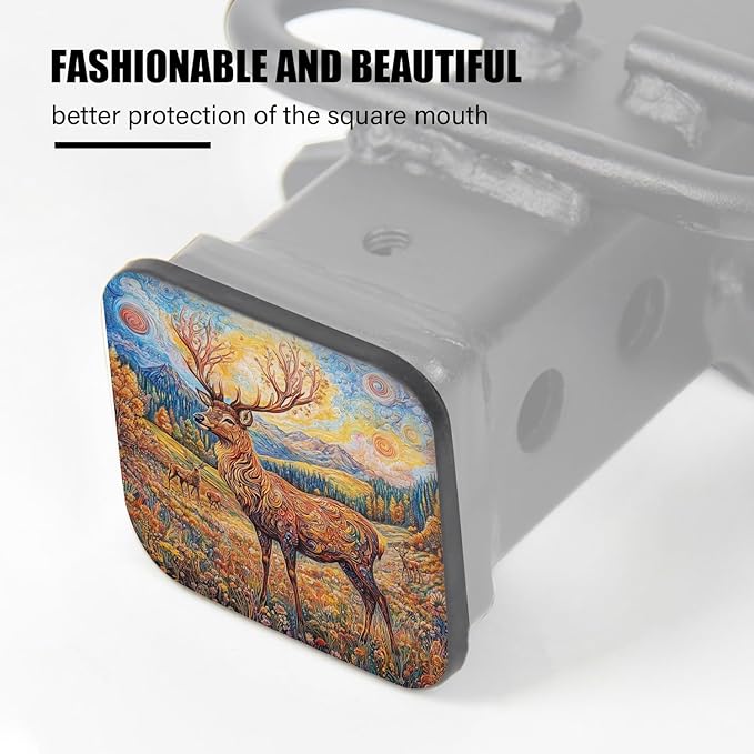 Hitch Cover Fits for 2-Inch Hitch,Deer with Intricate Patterns in A Van Gogh - Style Landscape Rubber Trailer Hitch Cover Tube Plug Insert,Car Exterior Accessories, Receiver Tube Hitch Plug