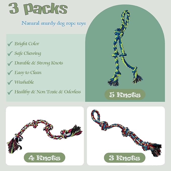 3-Pack Heavy Duty Dog Rope Toy, Tough Chew Toys, Durable Interactive Tug of War &Teeth Cleaning Ropes for Large and Medium Aggressive Chewers (3-Pack, Large)