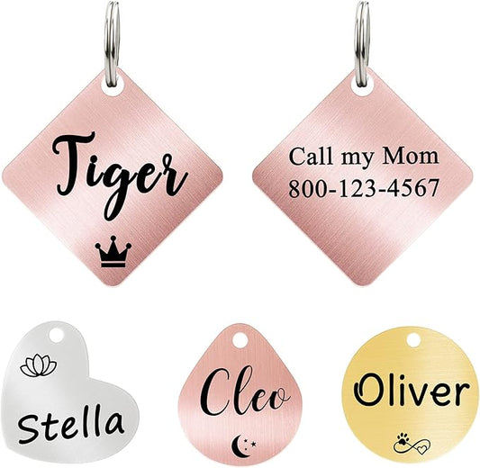 Ultra Joys Cat ID Tag Personalized Pet Tags, Durable Stainless Steel Small Pet Mini Dog Cat Tag Lightweight -Diamond Tag in Rose Gold