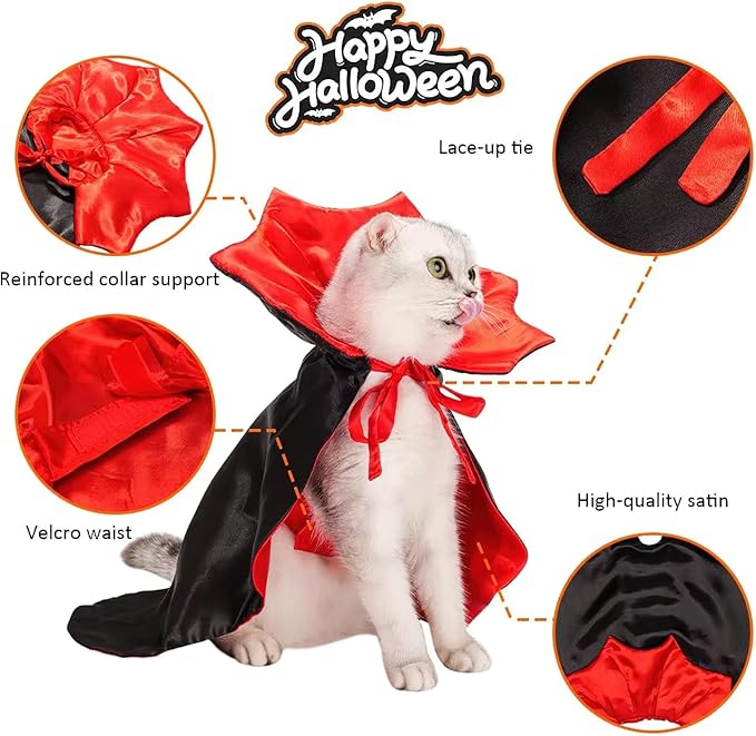 Halloween Pet Cape Custom, Gothic Cat Dogs Robe Decor, Vampire Cloak Wizard Outfit Pets Clothes Accessories for Witch Cosplay Apparel for Small Medium Dogs Cats Supplies(Red)