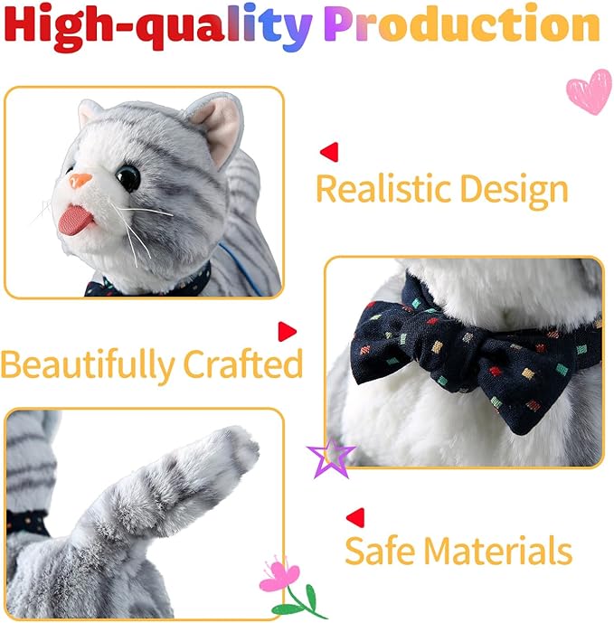 Gray Leash Walking Cat Set Interactive Talking Cat Singing Dancing Kitten Mimicking Repeat What You Say Kitty Touch and Voice Control Nodding Wagging Tail Plush Electric Kitty for Kid Gril