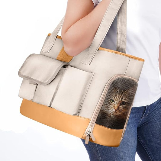 Dog Carrier, Cat Carrier, Pet Carrier, Foldable Waterproof Premium PU Leather Oxford Cloth Dog Purse, Portable Tote Bag Carrier for Small to Medium Cats and Small Dogs