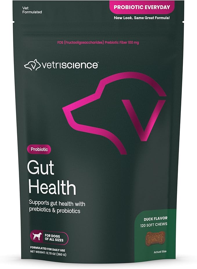 VetriScience Gut Health Chews, Probiotic Everyday Digestive Supplement for Dogs, Pet Probiotics for Digestion Support, Gas and Diarrhea, Immune Support, 1 Billion CFU Per Chew, Duck, 120 Count