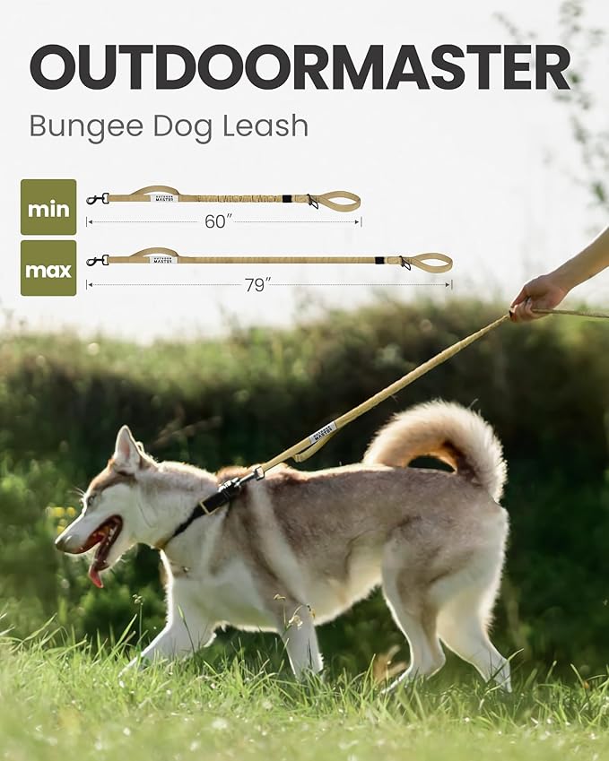 OutdoorMaster Bungee Dog Leash, Heavy Duty Dog Leash with Shock Absorption, 2 Padded Handles Training Leash,1 Seat Belt Clip, Improved Dog Safety and Comfort - Khaki Upgraded, 6 FT