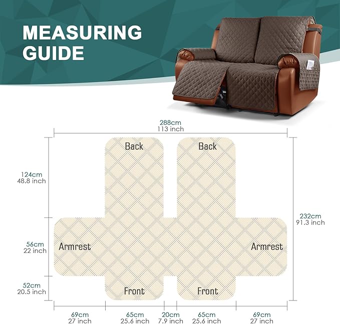 Ruaozz Waterproof Recliner Sofa Cover 1-Piece Couch Covers for Reclining Couches Reclining Sofa Cover Washable Furniture Protector with Elastic Straps Pocket for Kids, Pets (Brown, 2 Seater)