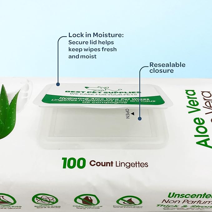 Best Pet Supplies Pet Grooming Wipes for Dogs & Cats,Deodorizer for Coats & Dry, Itchy, or Sensitive Skin, Clean Ears, Paws, Body, & Butt - Hydrating, Aloe Vera, 400 Count.