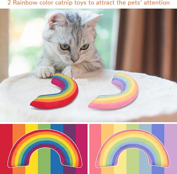 Cat Toys Rainbow Kicker, Stuffed Catnip Toys Pillow for Indoor Kitten Kitty, Interactive Cat Nip Chew Teeth Cleaning Toy for All Pet Breed 2 Pack