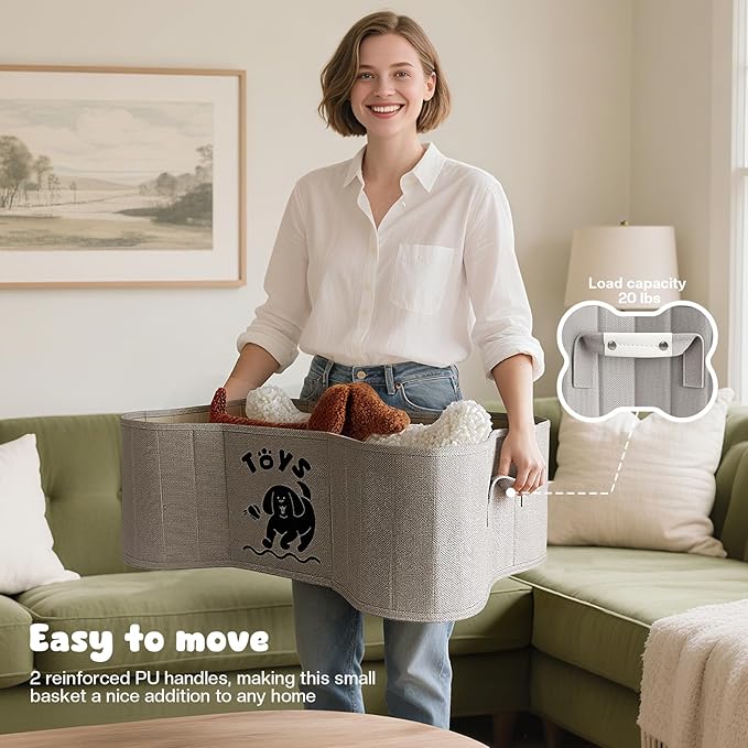 Dog Toy Basket, Collapsible Dog Bone Baskets for Toys, Dogs Storage Organizer with PU Handles, Pet Toys Basket with Bone Shape Design, Toy Baskets for Dogs, Gray