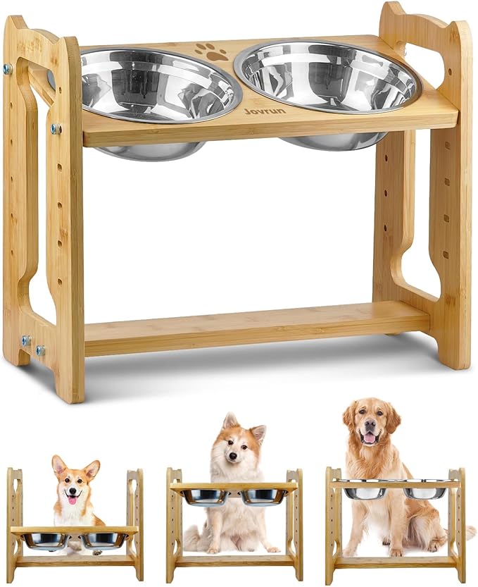 Elevated Dog Bowls, Adjustable Raised Dog Bowl Stand for Medium Size Dogs and Cats, Durable Bamboo Dogs Feeder with 2 Stainless Steel Bowls and Non-Slip Feet, Pet Food Bowl for Medium Sizes