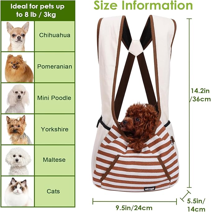 NATUYA Dog Sling Carrier Puppy Carrier, Adjustable Pet Front Sling Carrier Travel Bag with Bottom Pad, Pet Carrier for Small Dog Cat Puppy Traveling Hiking Camping (Khaki, 3-8 lb)