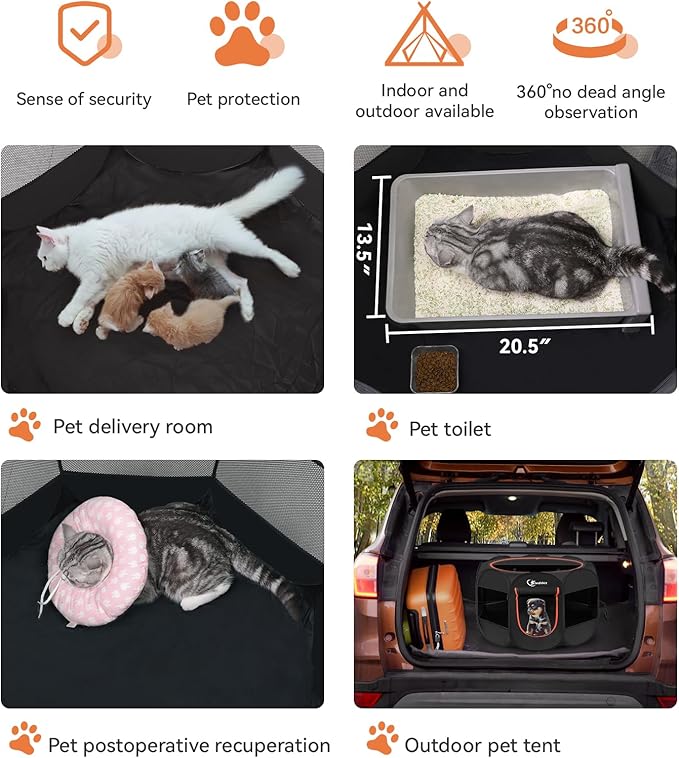 Black Dog Cat Playpen, Puppy Pet Playpen Indoor for Small Dog Crate Tent Cage Outdoor, Portable Pop Up Dogs Enclosure Kennel with Carrying Case for Dogs/Cats/Rabbits