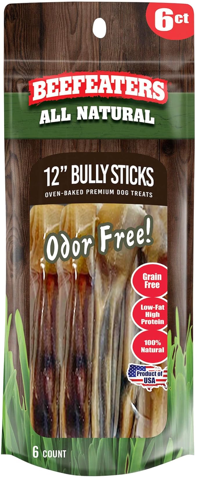 Beefeaters 12in Bully Sticks 6ct – All-Natural, Highly Digestible, Promotes Dental Health, No Additives or Preservatives, Ideal for Training & All Dog Sizes