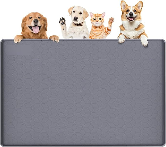 Dog Food Mat, Extra Large 34" x 22" Silicone Pet Feeding Mat with Raised Edge Pet Placemat for Small, Medium, and Large Pets Non-Slip, Easy to Clean (Dark Grey)