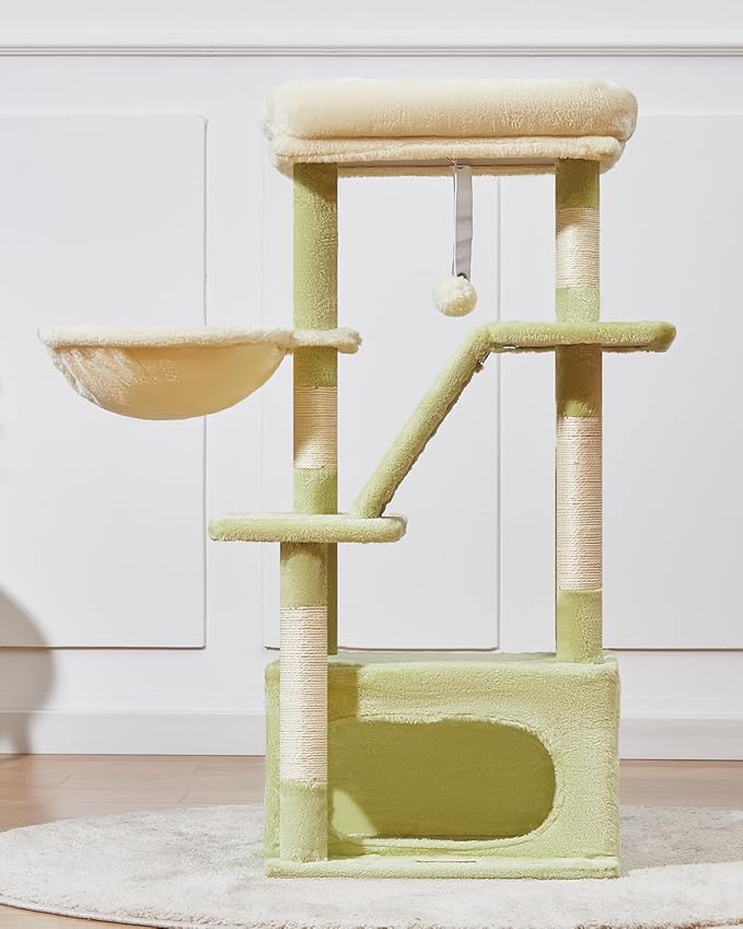 Taoqimiao Cat Tree,38.5-Inch Cat Tower for Indoor Cats,Suitable for Kittens with Luxurious cat condo with Adjustable Baskets and Luxurious Perch MS029SGB Green and Beige
