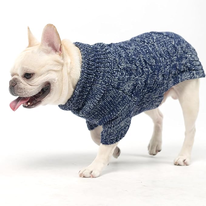 KOOLTAIL Dog Sweater for Large Medium Small Dogs, Fall Dog Sweaters, Turtleneck Cable Knitwear Pet Cold Weather Coats with Leash Hole, Warm Winter Pullover Clothes for Bulldog, Yorkie,Boy Girl, Navy L