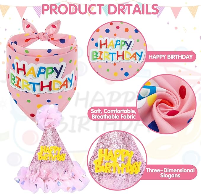 SCENEREAL Dog Birthday Bandana with Hat and Dress Girl Set, Puppy Birthday Party Supplies, Cute Pink Tutu Skirt Outfit for Small Medium Large Dogs