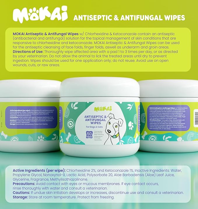 MOKAI Antiseptic Wipes for Dogs Cats and Horses | Dog Chlorhexidine Wipes with Ketoconazole Dermatological Pads Hot Spots Itchy Paws Skin Rashes
