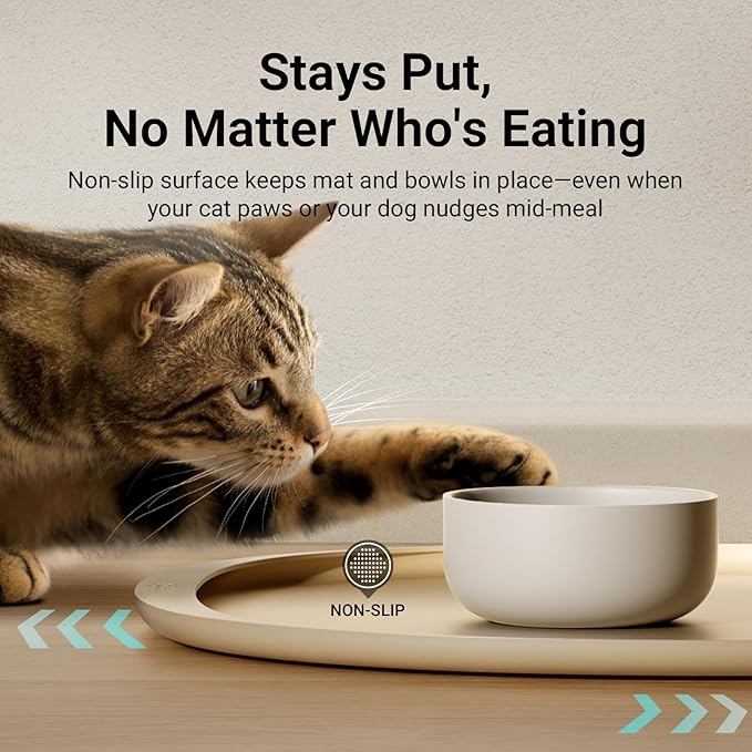 DownyPaws Cat Food Mats for Floors Waterproof, BPA Free Silicone Pet Food Mat, Non-Slip Pet Food Mat with High Raised Edge, Cat Placemat for Messy Drinkers, 18"×12.5", Almond