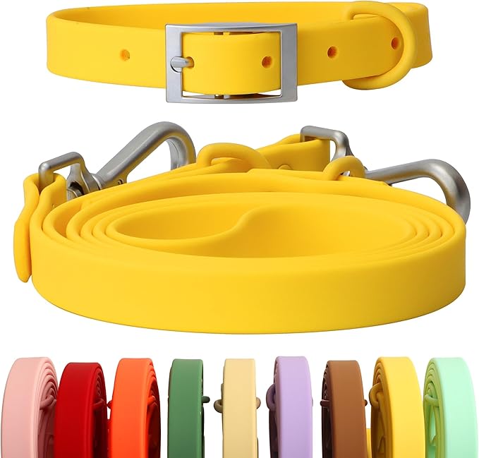 Dog Collar and Leash Set, Durable Waterproof Dog Leashes Collars, 5 Length Setting Adjustable Dog Collars for Large Medium Small Dogs (Yellow, XL)