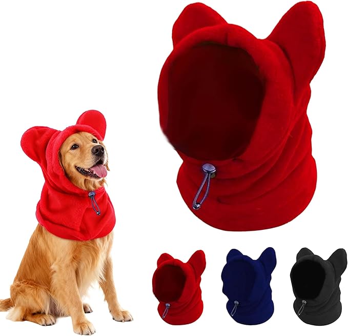 Warm Hooded Hat for Dogs & Cats, Autumn/Winter Wool Pet Headwear with Cute Ears, Adjustable Pet Scarf for Cold Days, Soft Neck Warmer for Small/Medium/Large Pets (Red, Large)