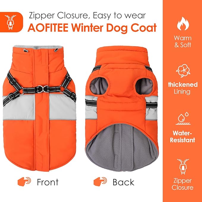 AOFITEE Dog Coat, Large Dog Jacket, Dogs Coat with Harness Built in, Reflective Waterproof Dogs Jackets Winter with Furry Collar, Warm Polar Fleece Pet Sweater Snowsuit for Doberman, Great Dane, XXL