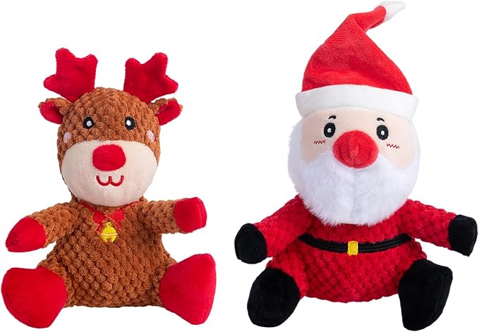 Hollypet Christmas Squeaky Plush Stuffed Durable Dog Toys, Cute Puppy Chew Toys for Small, Medium and Large Breed Dogs,Santa Claus and Christmas Elk
