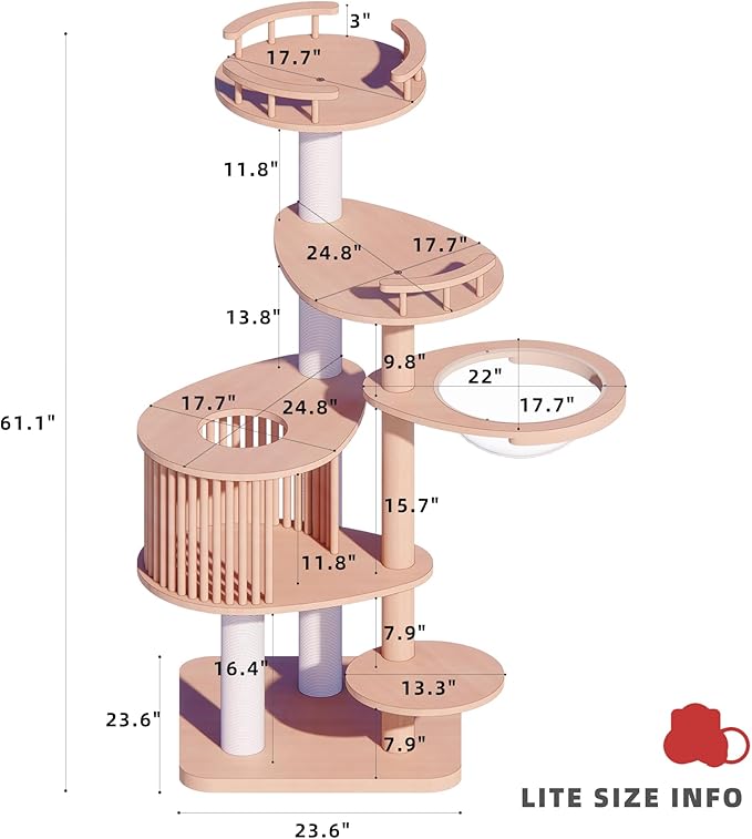 Downpat Cat Tree 61.1" Solid Wood Multi-Level Cat Tower with Condo,Cat Scratching Post,Jumping Space,Furniture Suitable for Cats