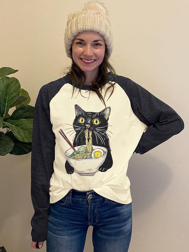 JINTING Cat Shirts for Women - Loose Fit Lightweight Long Sleeve Graphic Tee Fall Printed Crewneck Blouse Casual Tops