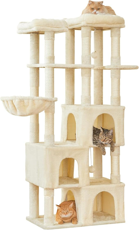 MWPO Large Cat Tree for Indoor Cats, 63-inch Cat Tower with 3 Cat Condos, Scratching Posts, Padded Perches, Hammock, Dangling Toys, Beige