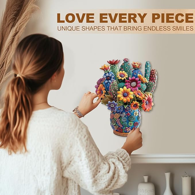 KAAYEE Wooden Puzzles for Adults, Blooming Cactus Jigsaw Puzzles, 125 Piece Unique Shape Puzzle, Creative Gifts for Adults/Friends/Family, Family Game，Wall Decor(11.4 * 9.1in)