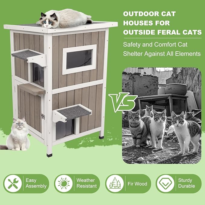 Outdoor Cat House Weatherproof, Two Story Wooden Feral Cat House Shelter with 2 Escape Door, Outside Cat Condo for Small Animals with Openable Asphalt Roof, Grey