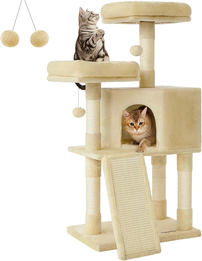 Feandrea Cat Tower, 45.3-Inch Cat Condo with Scratching Post, Ramp, Perch, Spacious Cat Cave, for Kittens, Elderly Cats, Adult Cats, Small Space, Beige UPCT141M01