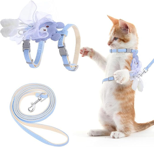 TIESOME Cat Harness and Leash Set, Adjustable Gradient Kitten Harness Escape Proof Harness with Leash for Kitty Outdoor Walking (Ribbon Bear Blue)