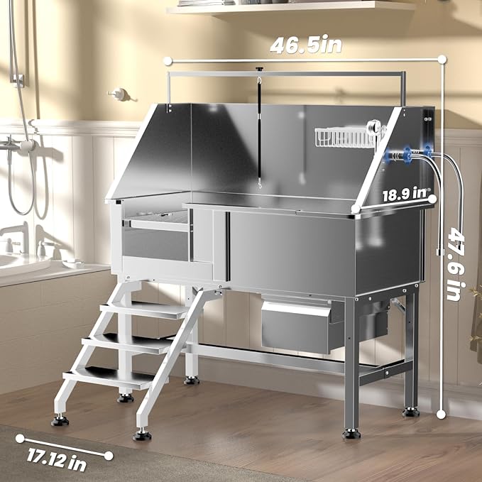 46" Dog Washing Station, Professional Stainless Steel Dog Bathtub w/Ramp & Storage Drawer, Adjustable Grate, Non-Slip Design, Perfect for Home Grooming & Large Dogs (46" Left Stair)