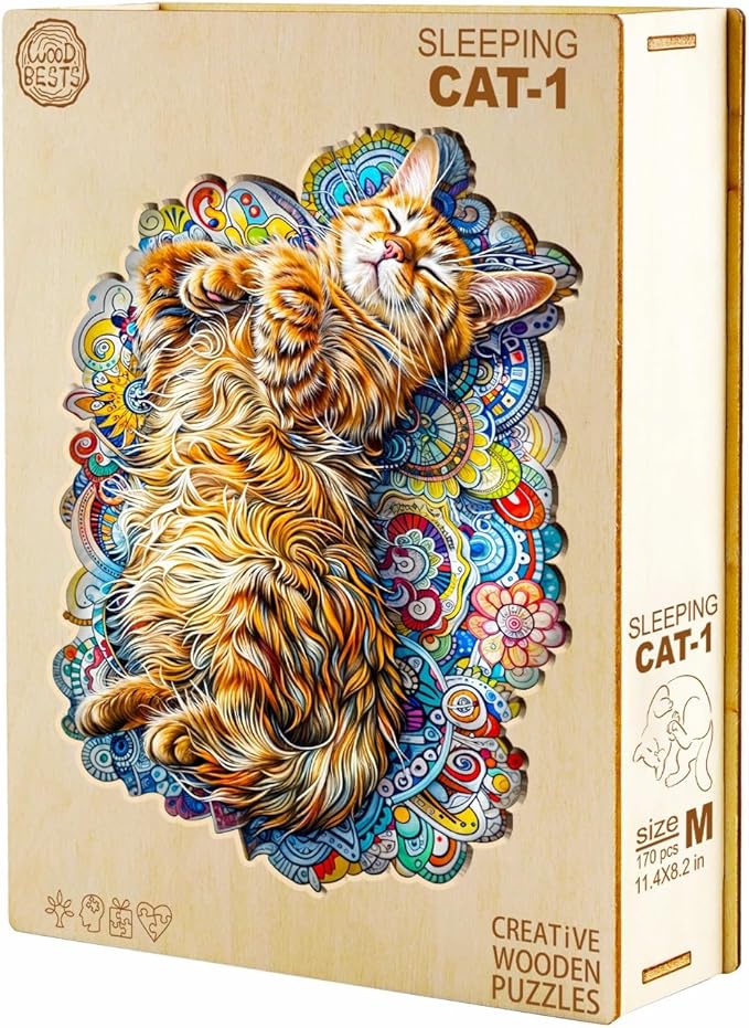 KAAYEE Wooden Puzzles for Adults, Sleeping Cat-1 90 Piece Unique Animal Shape Puzzle, Cat Wood Puzzle for Adults, Creative Gifts for Friends/Family, Home Decor(8.5 * 6.1in)