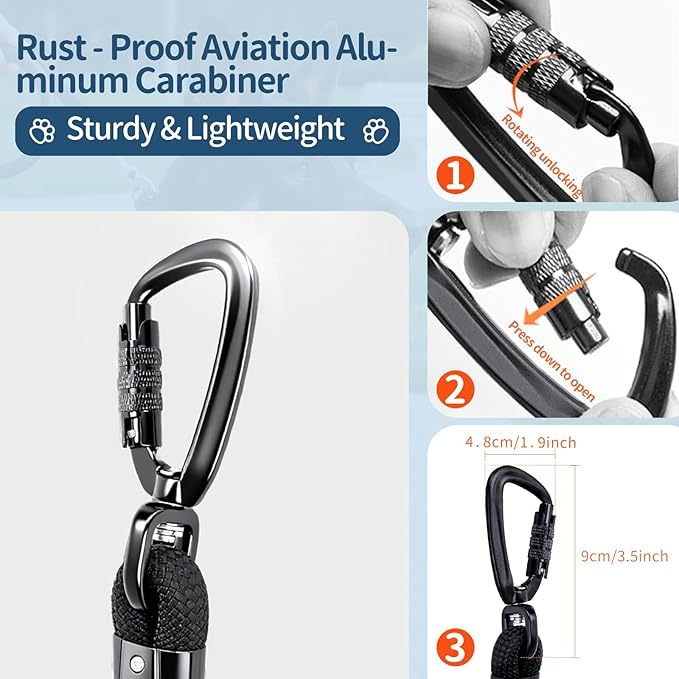 6FT Rope Dog Leash for Medium Large Dogs, Tangle-Free with 360° Swivel & Auto-Locking Aviation Aluminum Carabiner, Thick Nylon Training Lead for Walking, Hiking, Running (Black)