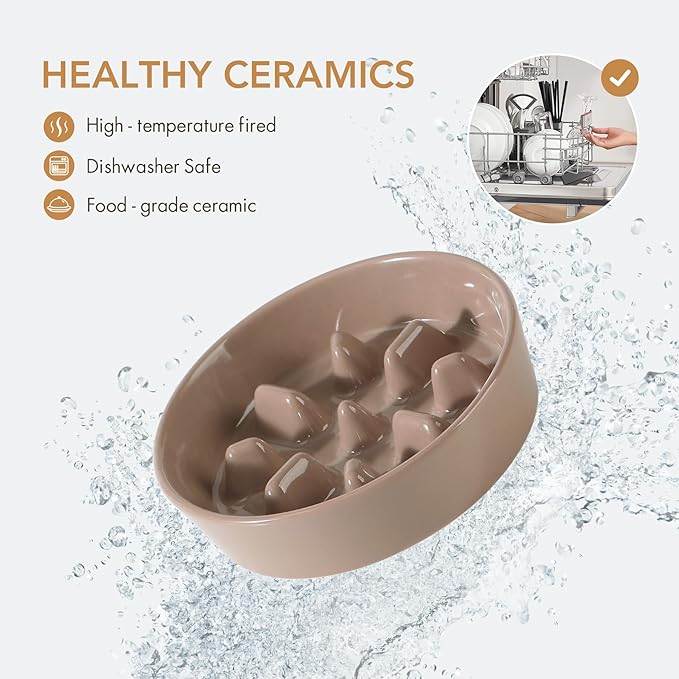 Ceramic 1.2 Cup Dog Raised Slow Feeder Set, Elevated Bowl with Wooden Stand for Medium and Small Dog, 7.3inch Slow Feeder Dish for Fast Easters(Brown Coffee, Single Bowl+ Stand)