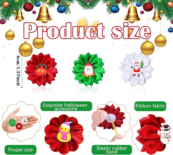 Sadnyy 60 Pack Christmas Dog Hair Bows Christmas Flower Bows with Rubber Bands Puppy Bows Hair Accessories Dog Bows Grooming for Small to Large Dogs Cats Pets (Snowman)