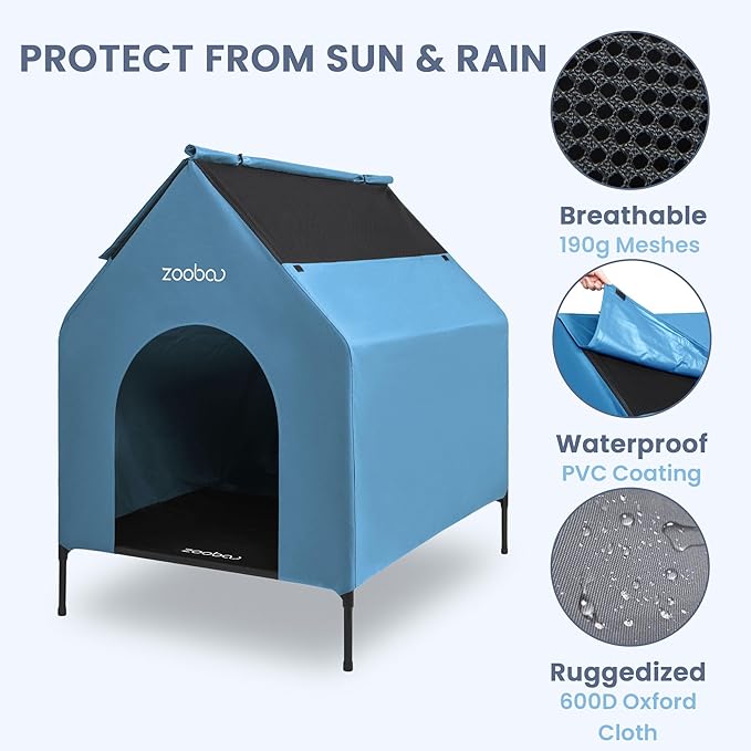 36" Large Dog House for Large Dog Indoor or Outside, Weatherproof 600D PVC Outdoor, Featuring Breathable 2x1 Textilene Elevated Dog Bed, Easy Clean (Blue)