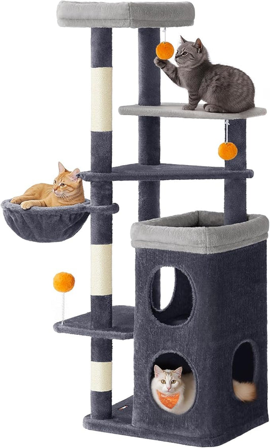 Feandrea Tall Cat Tree Tower, Multiple-Level Cat Condo with 2 Caves, 3 Scratching Posts, 3 Perches, Dark Gray UPCT007G02