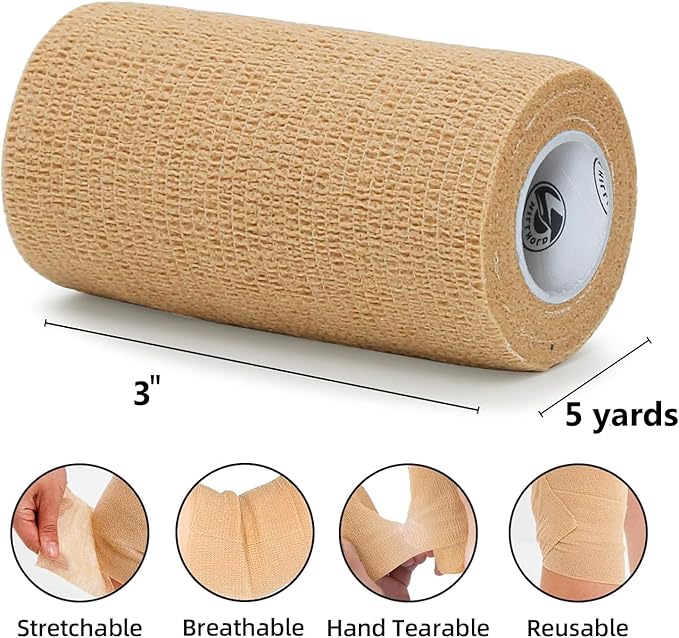 3 Inch - 12 Rolls Self Adhesive Bandage Wrap Vet Wrap for Dogs - Wrap Tape Athletic Cohesive Bandage for Sports Injury, Strain, Knee&Wrist, Ankle Sprains. First Aid Non-Woven Bandages