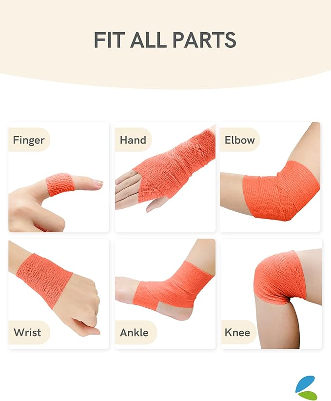 FriCARE Self Adhesive Bandage Wrap, Medical Tape in First Aid Kit, Cohesive Bandages for Wounds Sport Vet, FSA/HSA Eligible, 2 Inches X 5 Yards 6 Rolls, Fluorescent Orange
