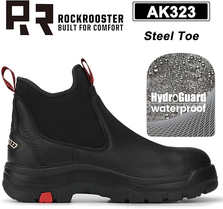 ROCKROOSTER Bakken Men's Black 6 inch Chelsea Boots, EH Rated Waterproof Slip-on Work Boots AK303-Soft Toe, AK323-Steel Toe, CP323-Comp Toe