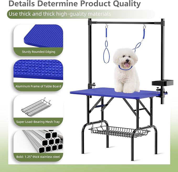 VFK 36''/47''Large Dog Grooming Table, Foldable Pet Station at Home, Dog Grooming Table,Adjustable Cat Drying Desktop with Arms, Nooses, Mesh Tray (Basic pet Table, 36" Blue)