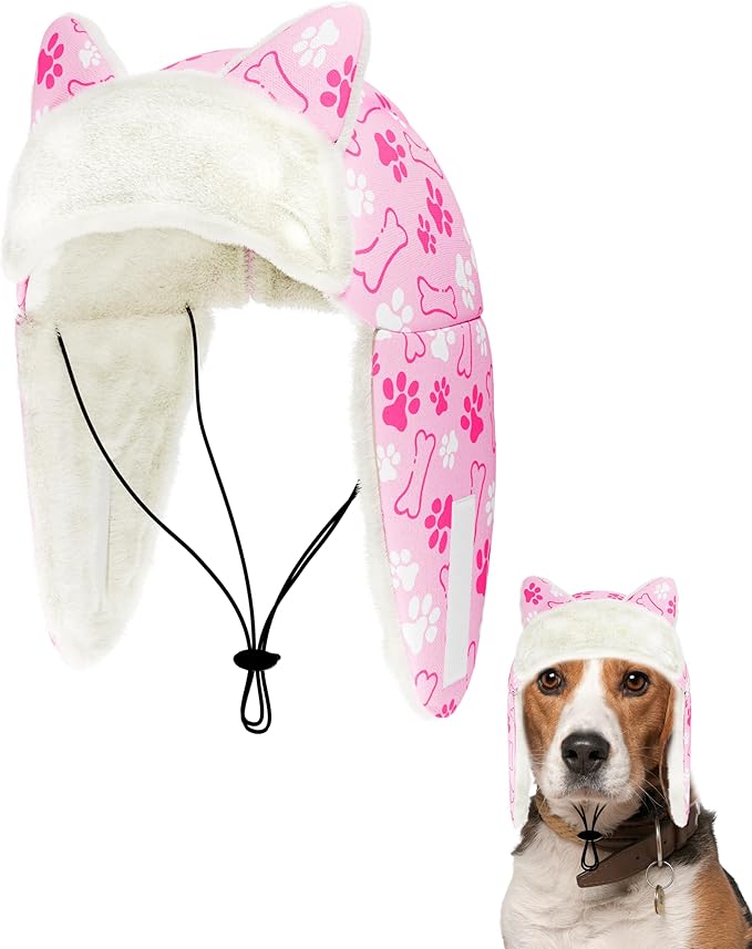 PET SHOW Dog Trapper Hat Winter Hat for Small Medium Dogs Warm Fleece Aviator Hats with Ear Flaps Adjustable Outdoor Girl Pet Pilot Costume Cap M-Pink Paw/Without Ear Holes