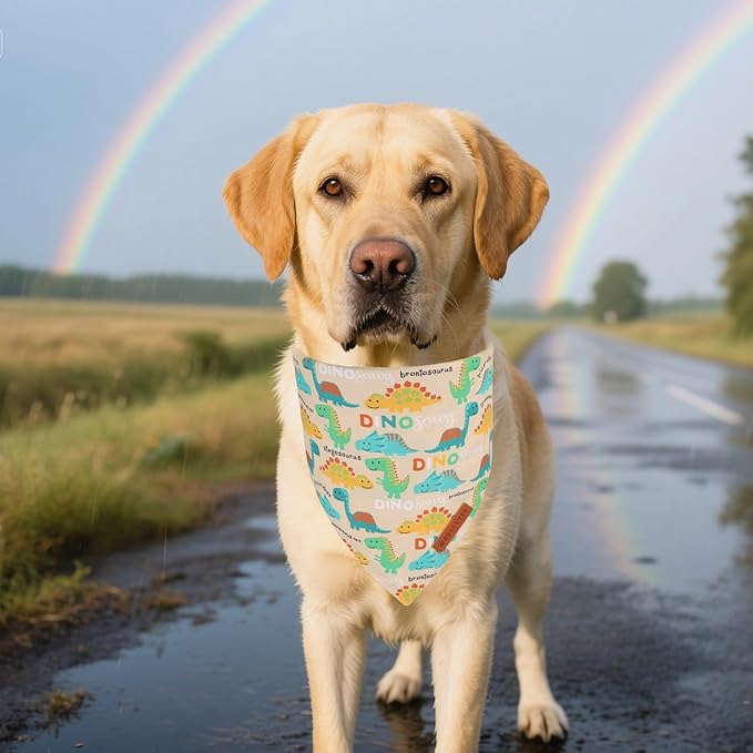 ADOGGYGO Dinosaur Dog Bandanas 2 Pack, Reversible Colorful Animal Pet Scarf, Premium Fabric, Adjustable Fit Yellow Blue Dinosaur Bandanas for Medium Large Dogs (Large)