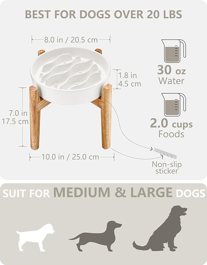 Ceramic Slow Feeder Dog Bowls Elevated, 2.0 Cups Dog Slow Feeder for Medium and Large Dogs, 30oz, 8in, White